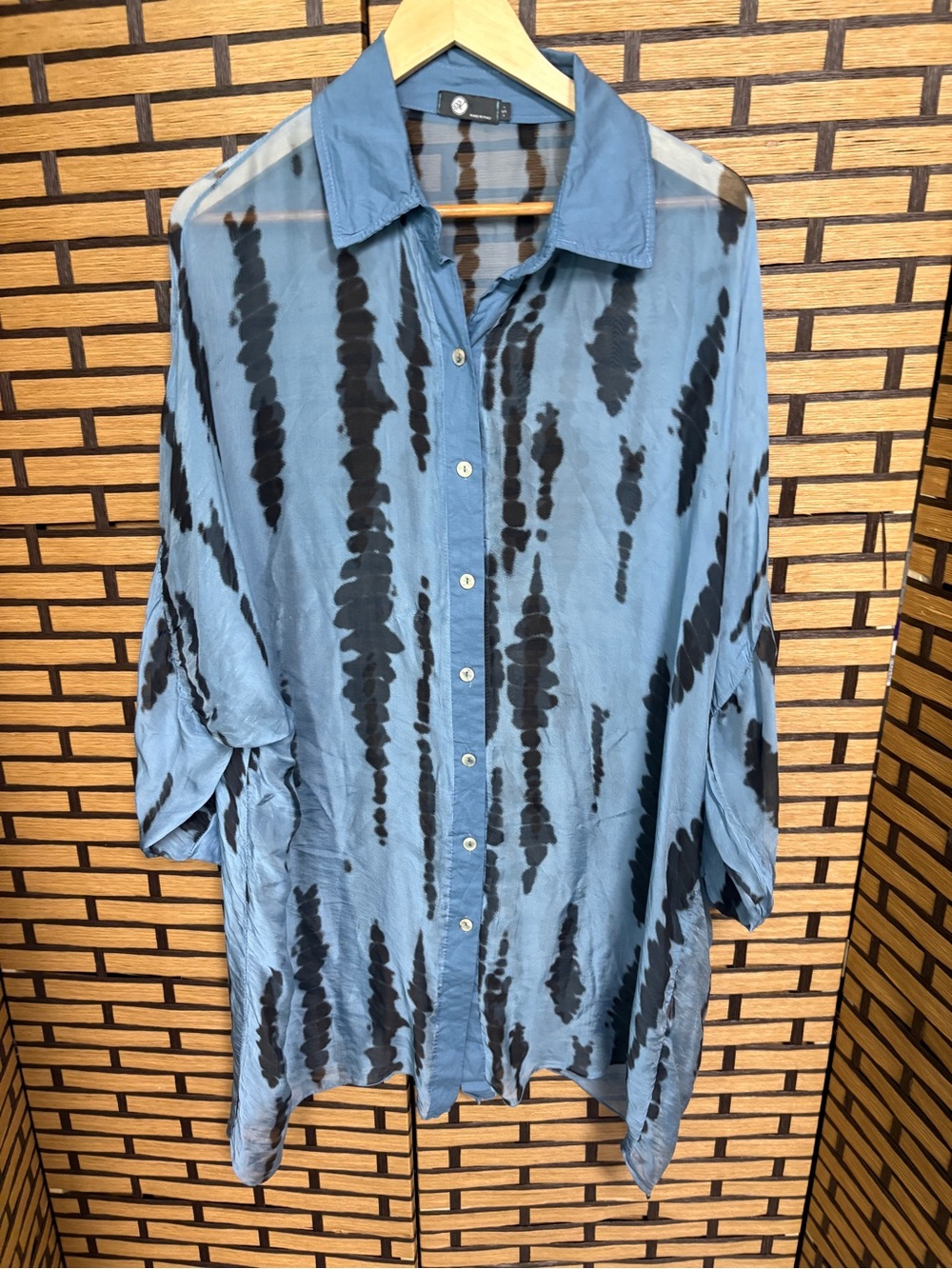 M Made In Italy Blue And Black Sheer Silk Blend Coverup/Button Down Shirt Size S